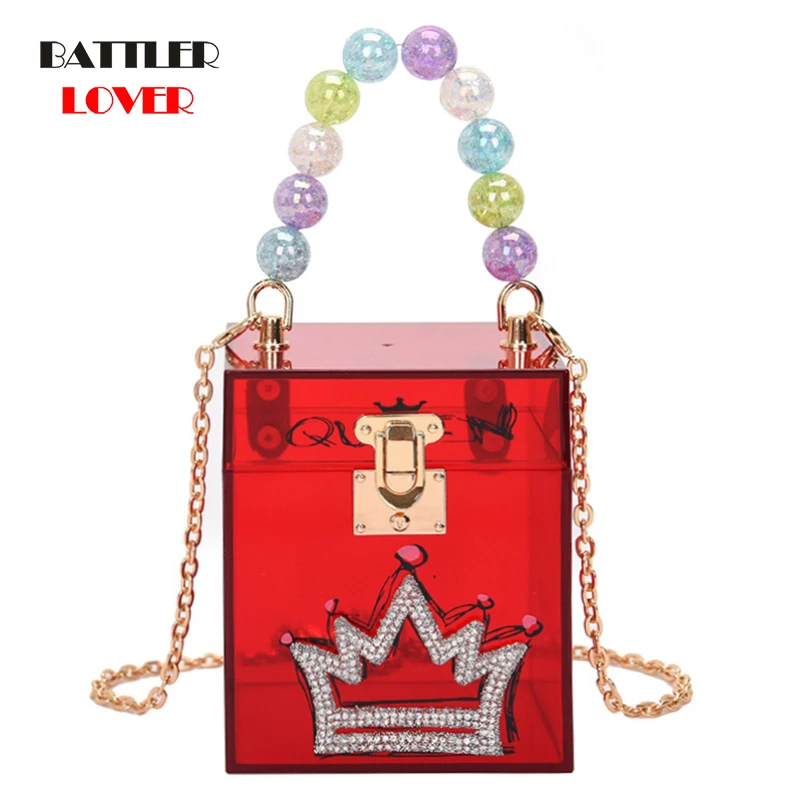 Transparent Acrylic Box Chain Crossbody Bag For Women Queen Diamond Shoulder Purses And Handbags Ladies Party Clutch Trend Pouch