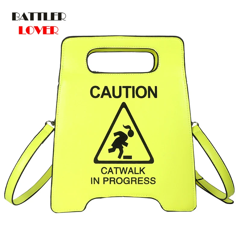 Funny Fashion Warning Sign Shape Flaps For Women Letter Printing Shoulder Bag Lady Crossbody Handbag Purse Female Messenger Tote