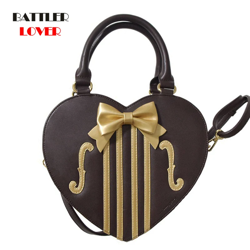Sweet Lolita Heart-shaped Handbag For Women Vintage Violin Print Totes Leather Crossbody Bag Ladies Purse And Clutch Bag Brown