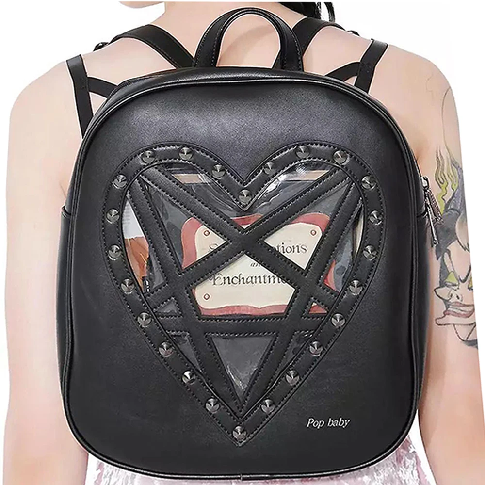 Harajuku Goth Heart Shaped Backpack For Women Studded Shoulder School Bag Punk Hollow Out Leather Travel Motor Bag Girls Rivet