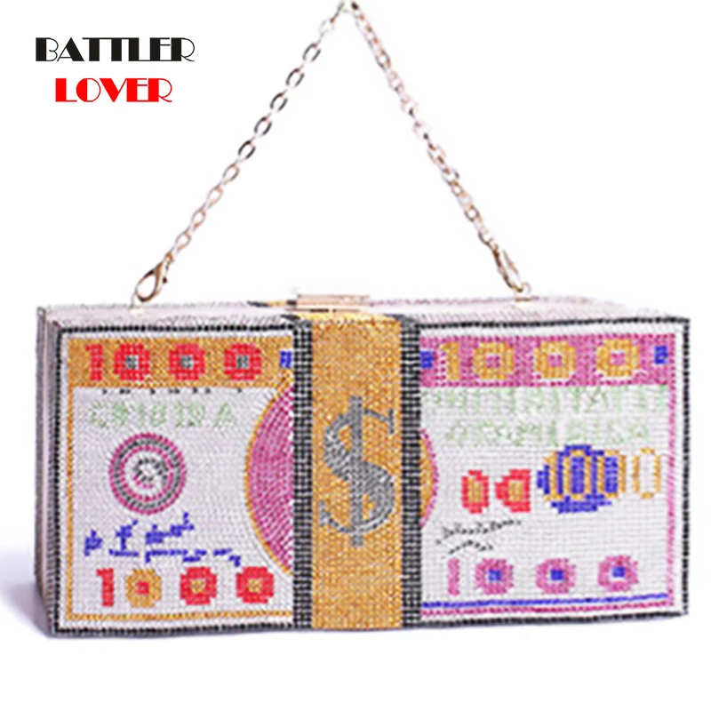 Money Evening Clutch Bags Dinner Purses and Handbags Luxury 2020 New Diamond Painting Chain Wedding Stack of Cash Crystals Women