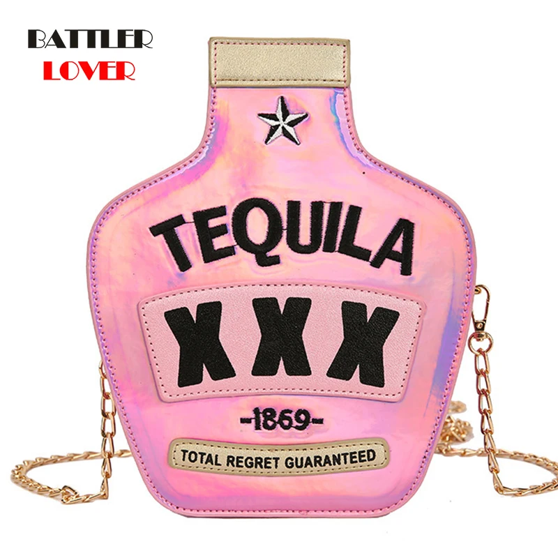 Fun Fashion Embroidery Letter Vase Shape Laser Chain Shoulder Bag Ladies Handbag Crossbody Messenger Purse Women Single