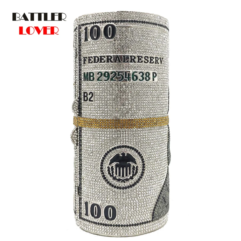 Luxury Cylinder USD Dollar Full Crystal Diamond Money Clutch Bag for Women Evening Party Handbags Mini Wedding Prom Purses