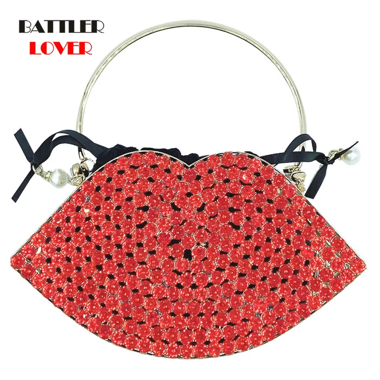 Red Lip Diamond Evening Clutch Bag For Women 2021 New Designer Chic Hollow Out Small Metal Cage Handbag Rhinestone Purse Wedding