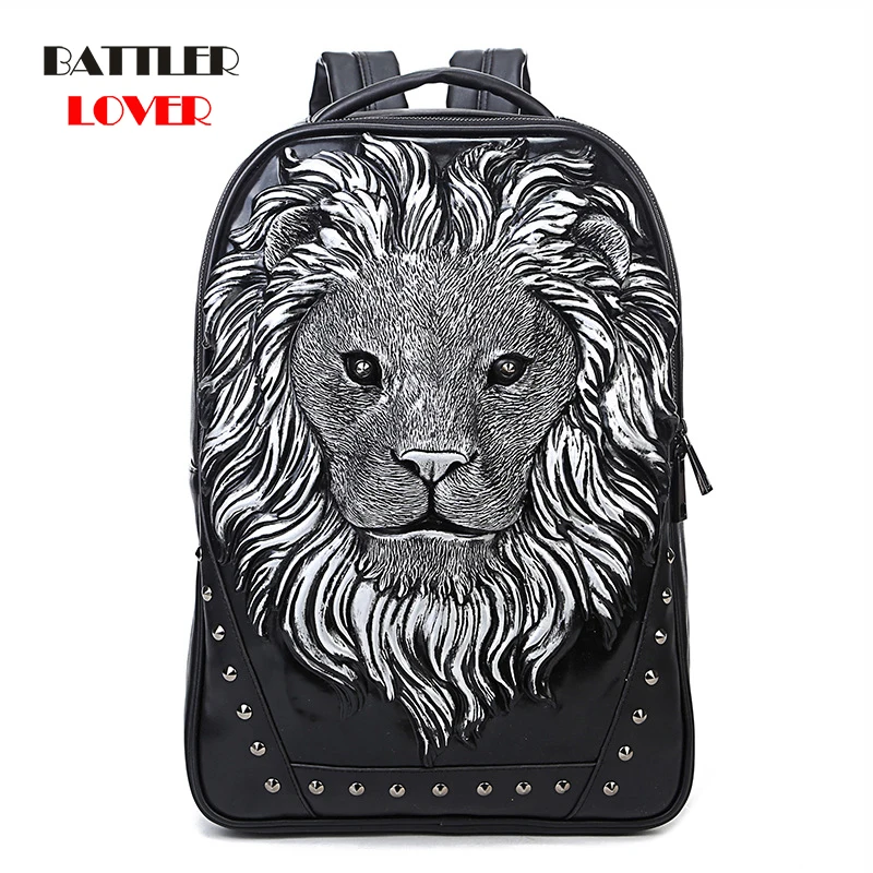 3D Embossed Lion Head Studded Rivet Gother Men Backpack Women Leather Soft Travel Punk Rock Backpack Laptop School Halloween Bag