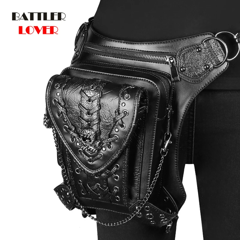 Summer Steampunk Style Leather Chain Bag For Women 2021 Skull Design Shoulder Messenger Bag Men Travel Change Pocket Leg Purses