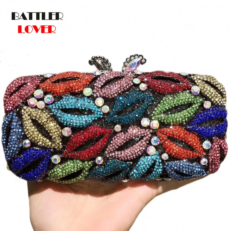 Women Lips Evening Party Shoulder Bag Diamonds Luxury Crystal Clutch Purse Bridal Wedding Party Handbag for Female Crystal Flaps