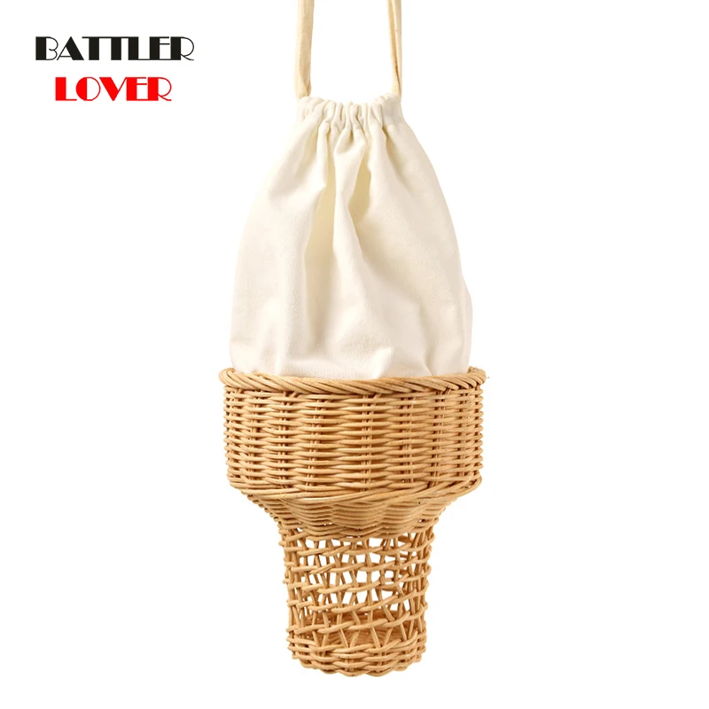 Handmade Ice Cream Straw Bag For Women Cute Weave Ice Cream Shaped Rattan Shoulder Summer Beach Bag Ladies Purse Clutch Wallet