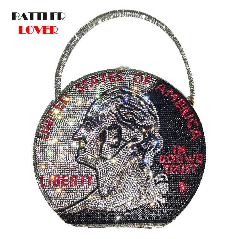 New Luxury Diamond Evening Bag Dollar Coin Clutch Women