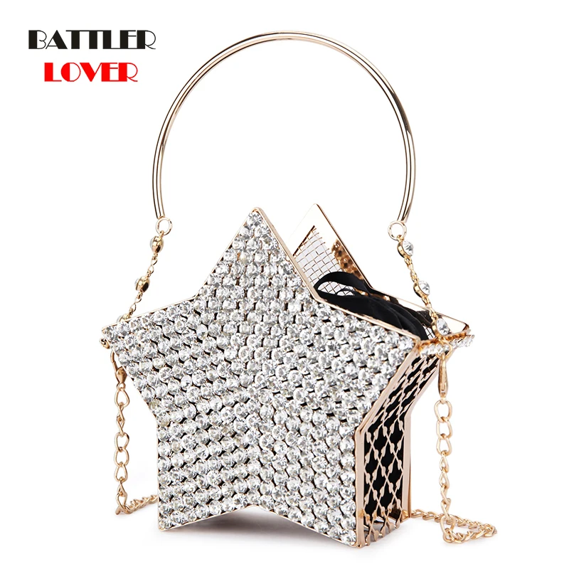 Luxury Diamond Silver Star Design Evening Clutch Bag For Women New Hollow Out Small Metal Cage Ladies Chain Purses And Handbags