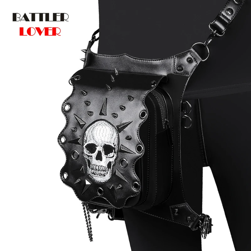 Women Punk Rock Waist Bag Steampunk Rivets Skull Totes Crossbody Shoulder Bag Motorcycle Drop Leg Belt Hip Pouch Pack For Men