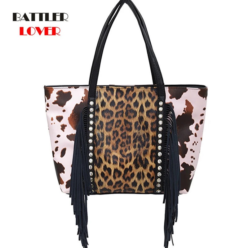Leopard Cow Handbag For Women Luxury Tassel Totes Bohemian Shoulder Messenger Bag Female Portable Large Capacity Shopping Bag