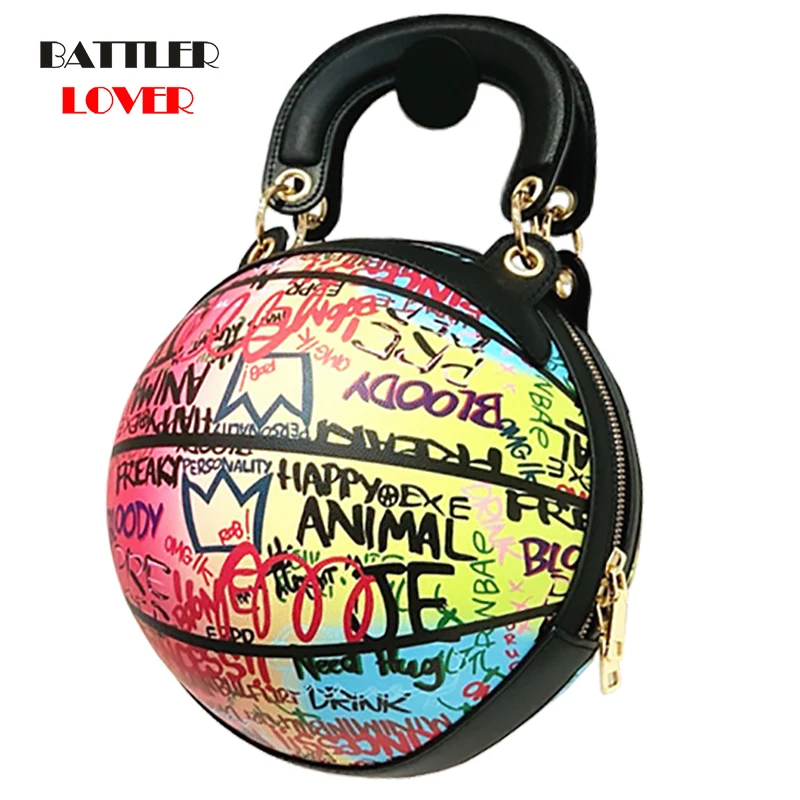 Fashion Color Graffiti Basketball Design Women Handbag Personality Letter Print Chain Shoulder Crossbody Bag for Lady Ball Bags