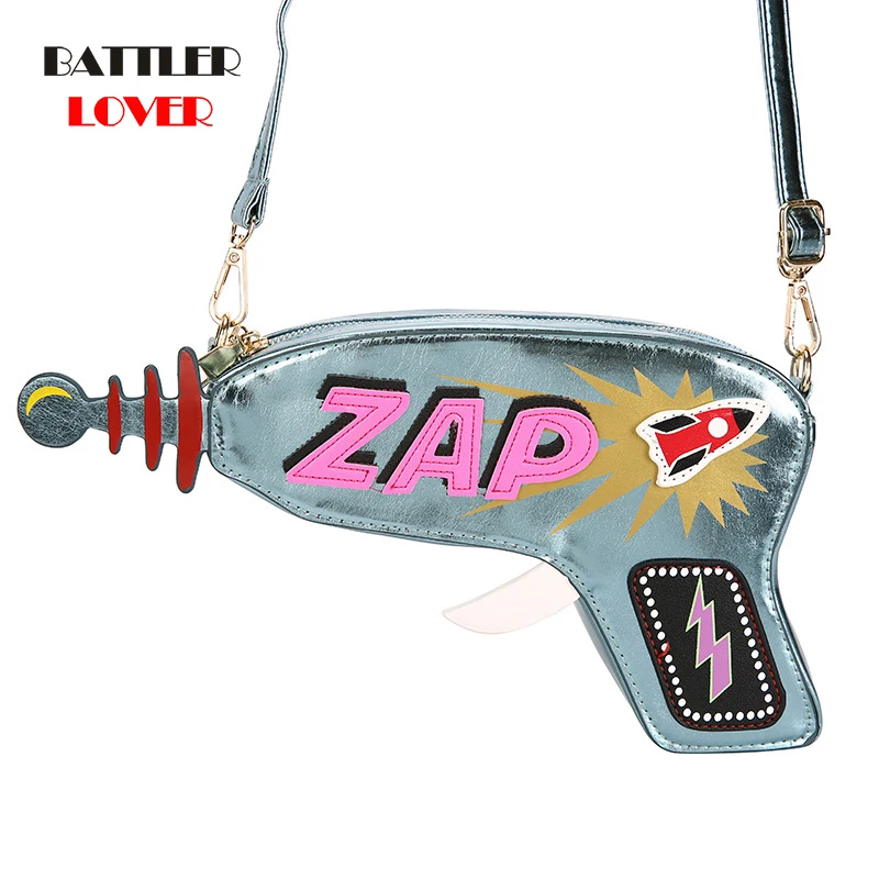 Funny Laser Gun Style Leather Young Ladies Daily Casual Clutch Bag Totes Crossbody Bag for Women Purse and Handbag Chain Flap