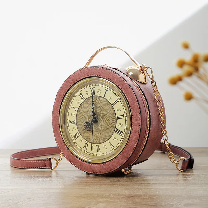 Personalized Funny Real Clock Shape Leather Bag Circular Ladies Handbag Chain Purse Shoulder Bags Crossbody Messenger Bag Bolsa