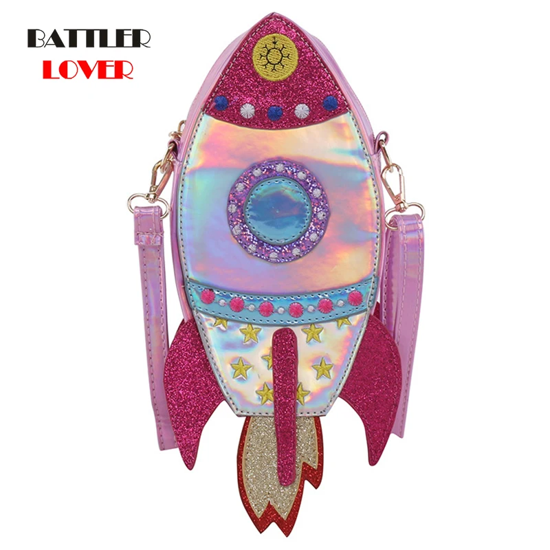 Pink & Silver Laser Rocket Shape Women Purses and Handbags Shouldr Bag Girls Casual Tote Clutch Bag Crossbody Bag