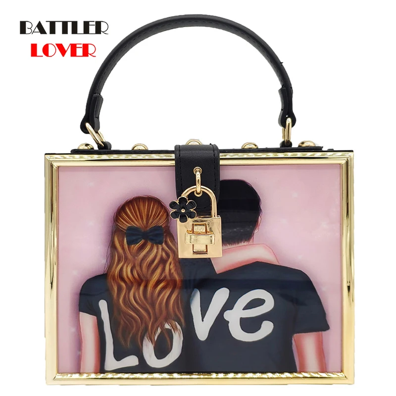 New Acrylic Love Couple Box Fashion Purses and Handbags for Women Shoulder Chain Bag Female Party Clutch Crossbody Flaps