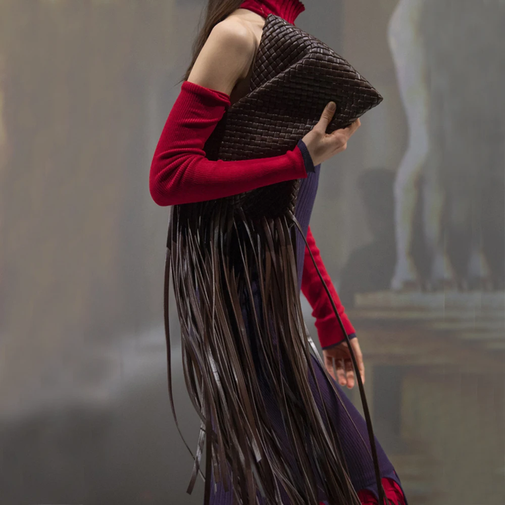 Luxury Long Tassel Clucth Bags For Women Designer Leather Woven Lady Handbags High Quality Evening Bag Female Large Party Purses
