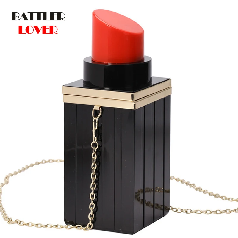 Personality Black Lipstick Shape Handbag for Women Acrylie Wedding Party Clutch Evening Purses Female Shoulder Crossbody Bag
