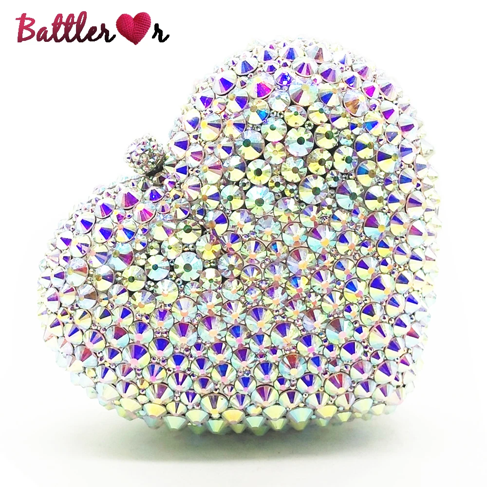 Silver Heart Shaped Crystal Evening Clutch Bag For Women Wedding Party Gemstone Diamond Handbags Female Luxury Prom Dinner Bag